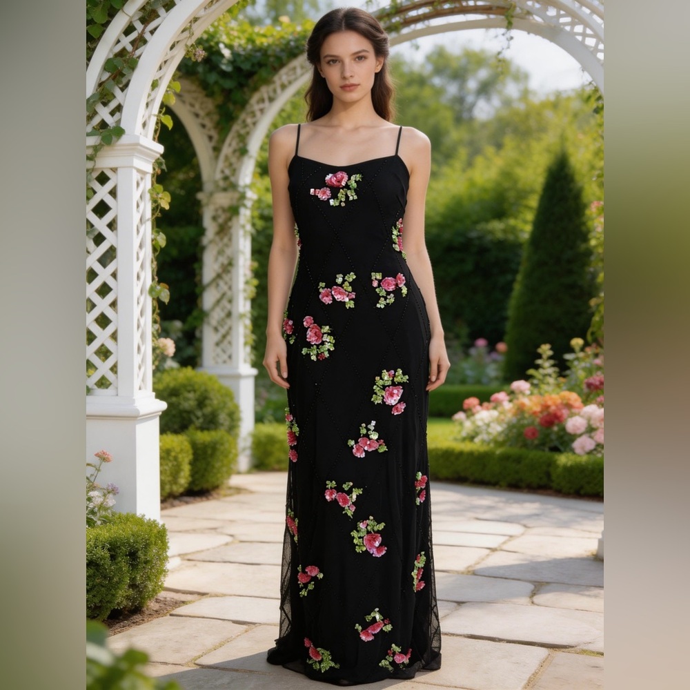 Floral hand‎ beaded Attitudes by Debra low back Black Dress
